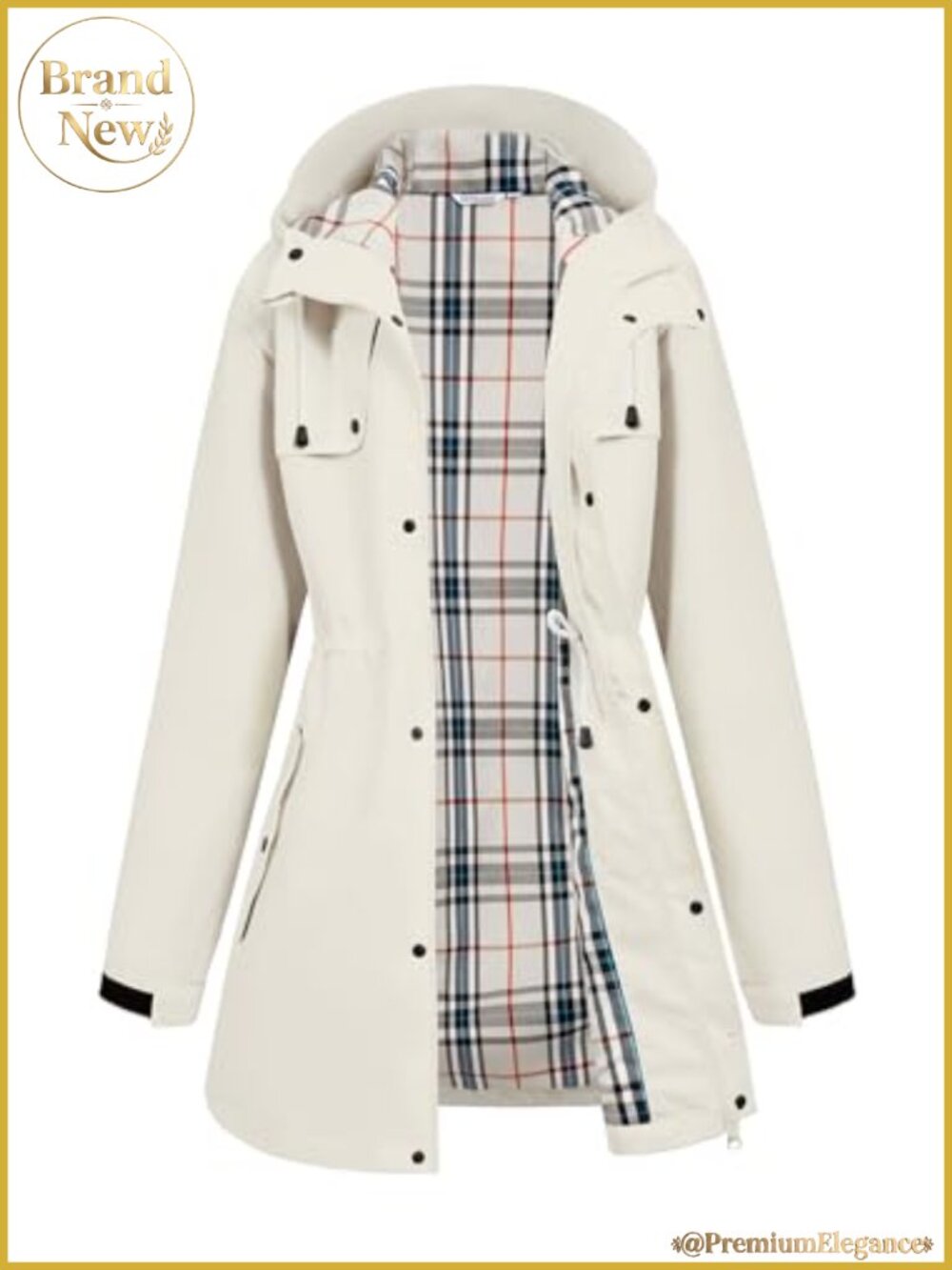 Water-Resistant Hooded Raincoat Women Long Lined Snap Pockets